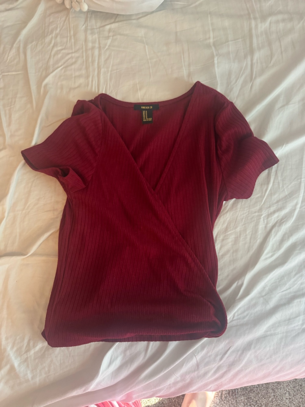 Forever 21 Ribbed Wrap-Front Short Sleeve Crop Top in Burgundy